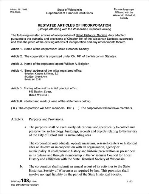 Articles of Incorporation | Beloit Historical Society